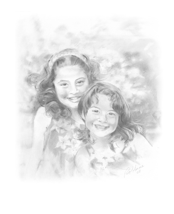 Two sisters portrait in charcoal
