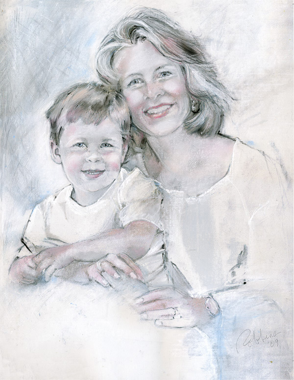 Mother and son portrait in charcoal