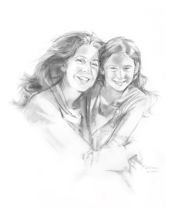 Mother and daughter portrait in charcoal