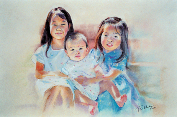 Portrait of sisters and brother in pastel