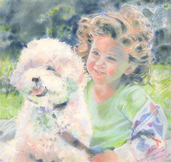 Portrait of a girl and a dog in pastel