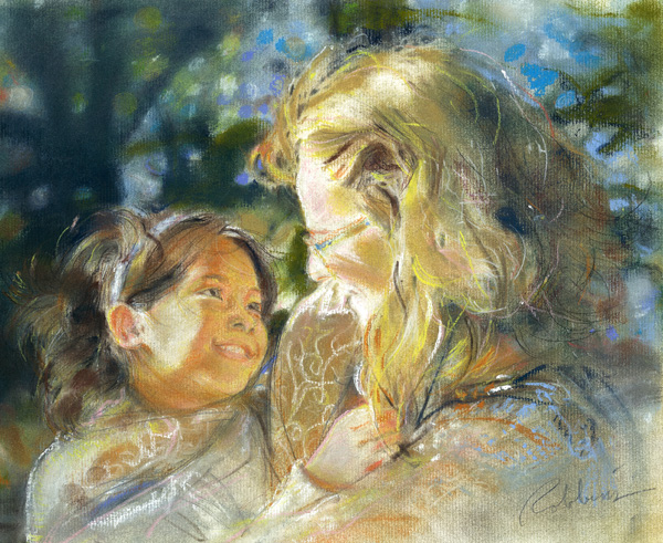Portrait of a woman and child in pastel