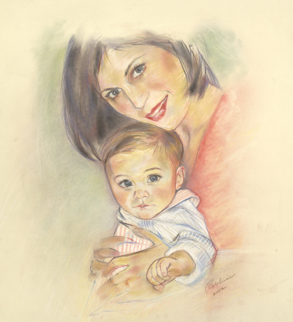 Portrait of mother and daughter in pastel